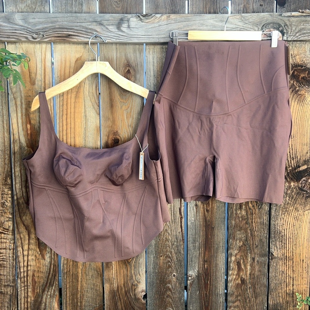 SKIMS Brown Sculpting Corset Top & High-Waist Shaping Shorts Set